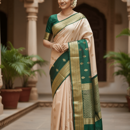 Cream & Green Silk Saree